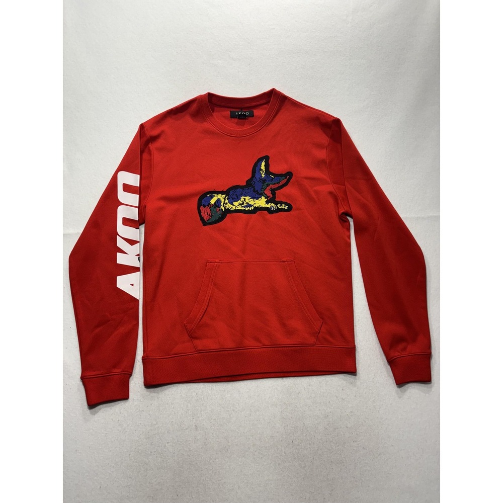 AKOO Sweatshirt Mens Large Red Fox Embroidered Pullover Kangaroo Pocket Logo
